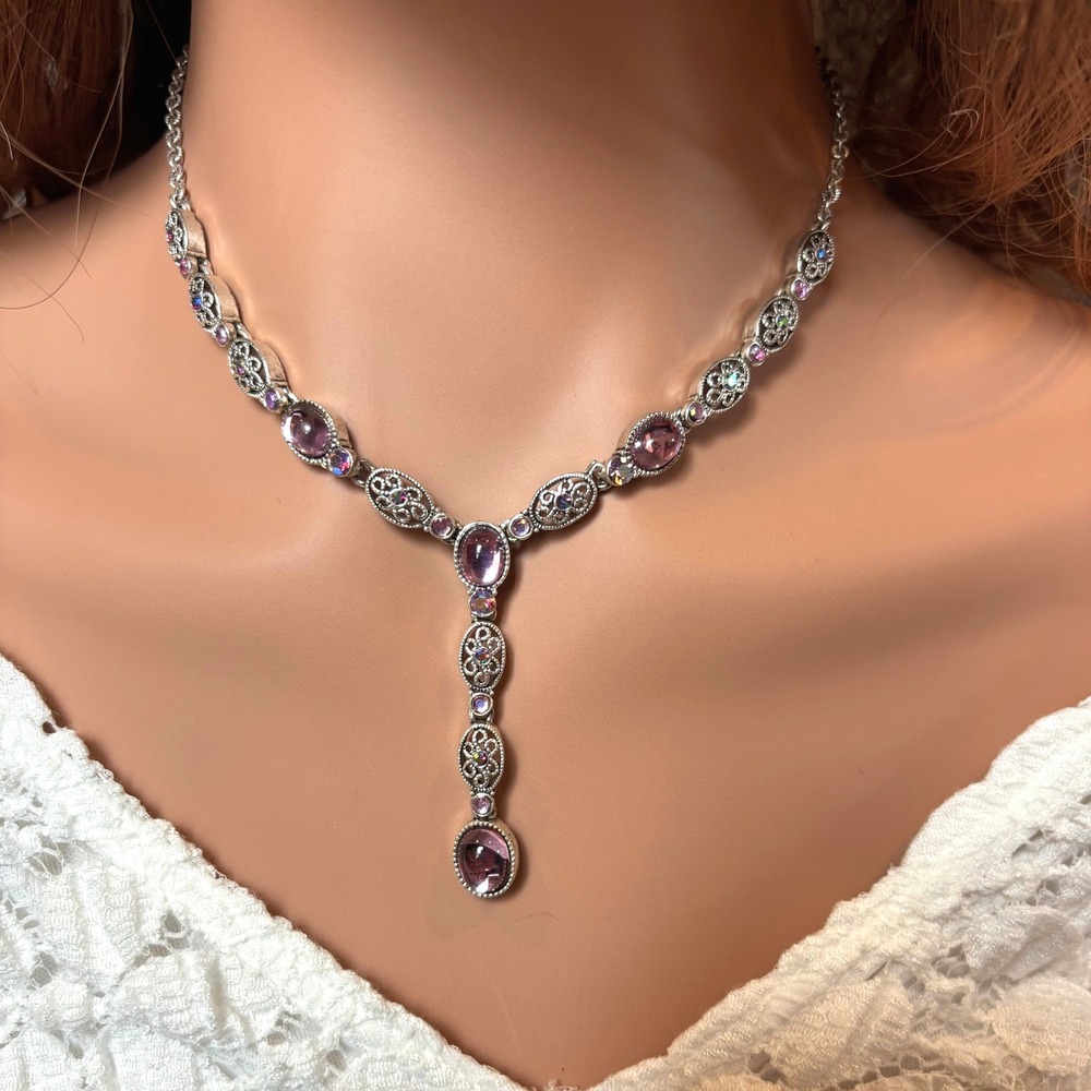 Avon Fairy Necklace Y-Drop Silver Tone Purple Pink Coquette Whimsical Boho 21889